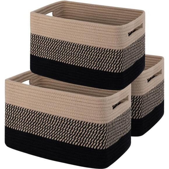 Pack of 3 Woven Basket Storage Cotton Rope Basket Black & Brown